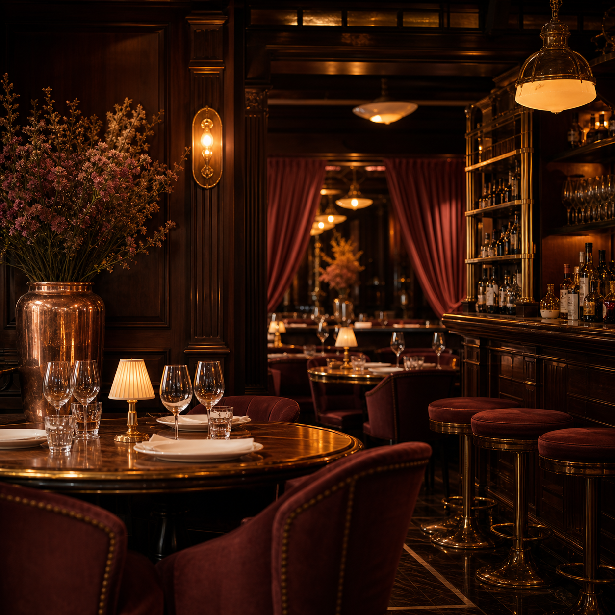 Interior cálido de restaurante con iluminación suave y detalles elegantes