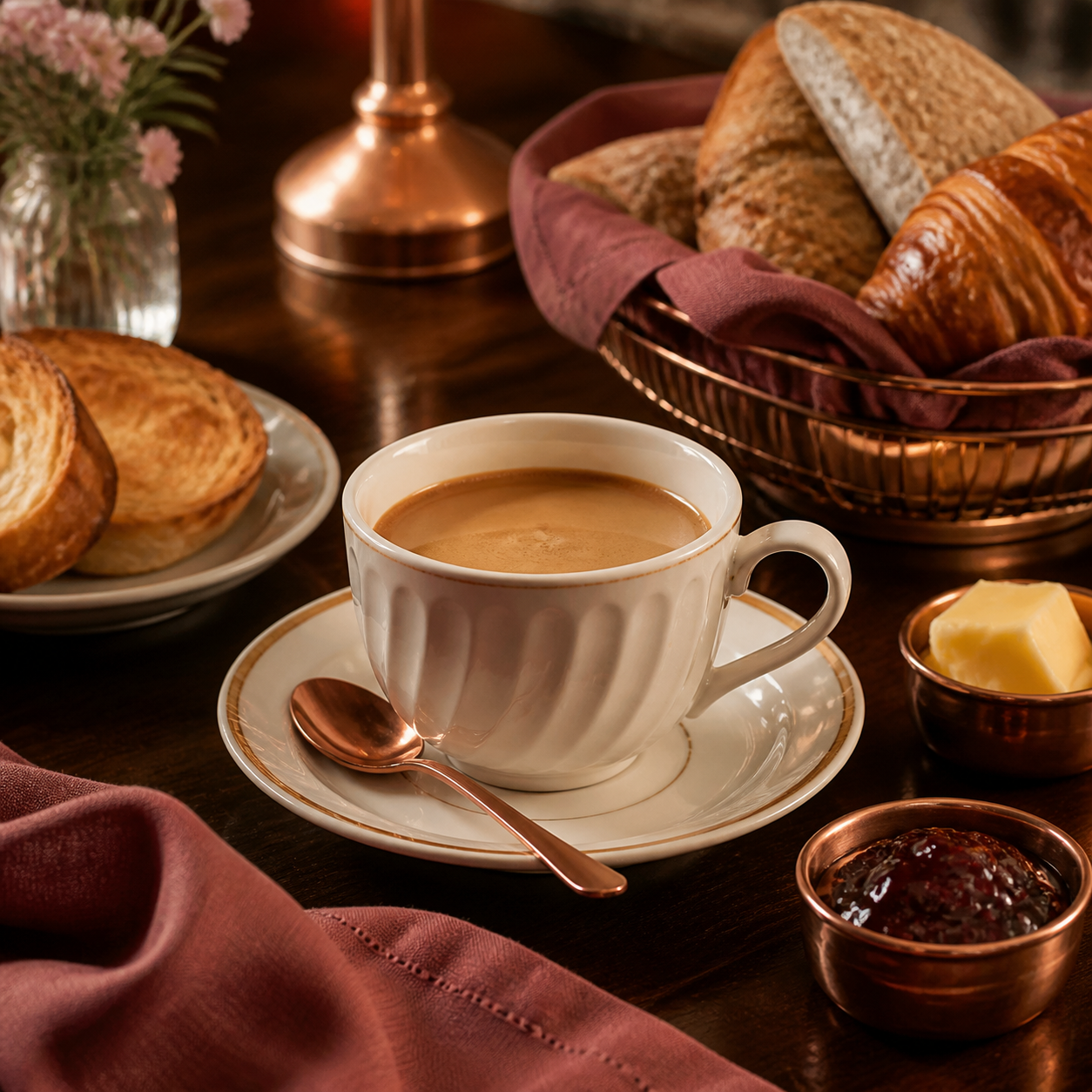 Café y desayuno sobre mesa de madera
